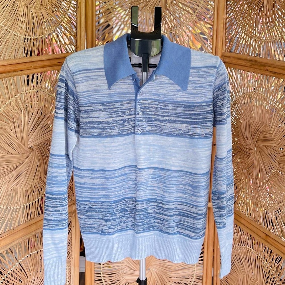 Vintage Mister Man Full Fashioned Knit Retro 70s Blue Tones Long Sleeve Shirt
